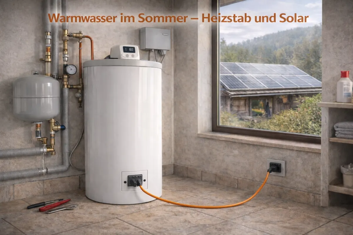 Warmwasserboiler mit angeschlossenem Heizstab. Am Dach sieht man eine PV Anlage.