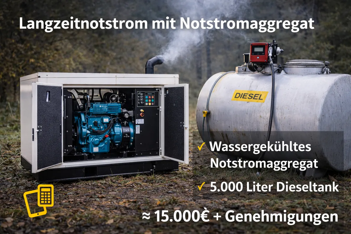 Großes, wassergekühltes Dieselaggregat steht neben einem 5000 Liter Dieseltank.