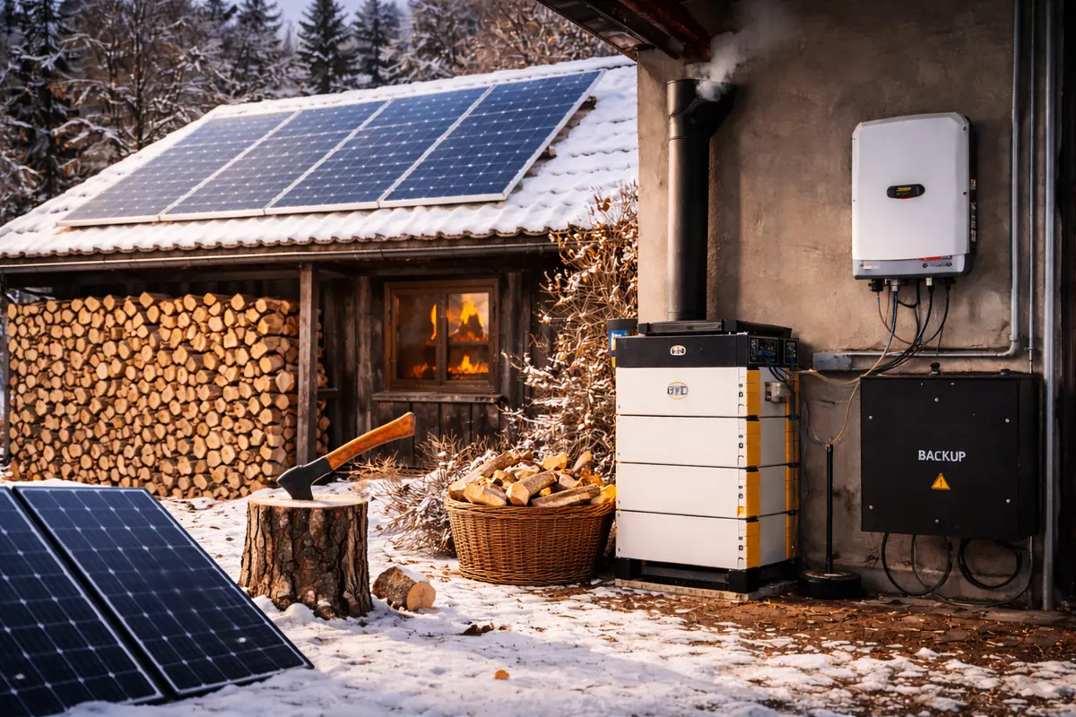 PV Anlage am Dach. Vor dem Haus ein Wechselrichter und mittelgroßer Batteriespeicher. daneben viel Feuerholz und im Haus im Hintergrund sieht man einen Kamin.