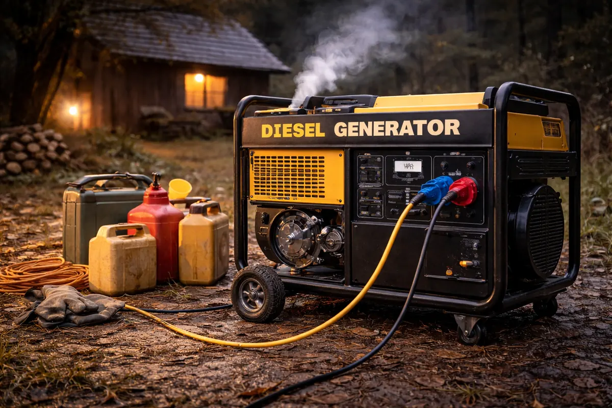 Großes Diesel Notstromaggregat steht draußen. Daneben Treibstoffkanister mit Diesel und ein paar Handschuhe.