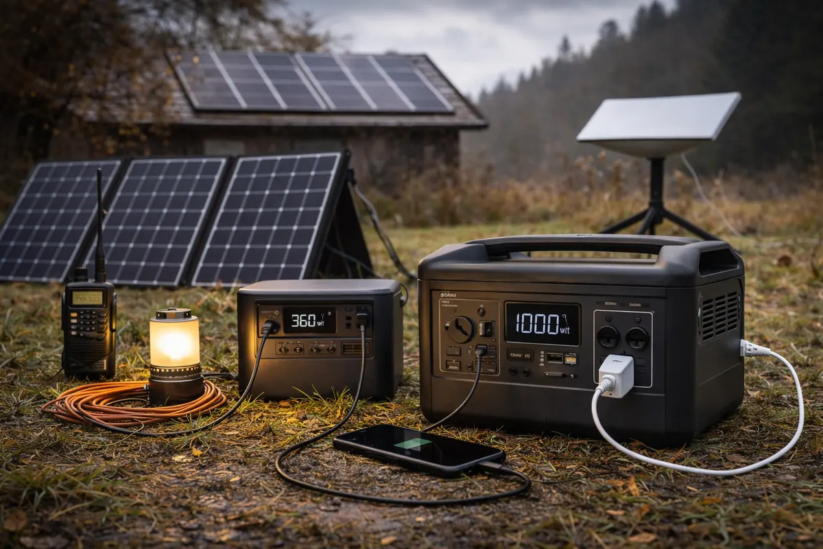 Powerstation und PV Module laden Handfunkgeräte, LED Lampen, Smartphones und Starlink.