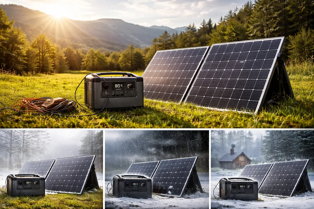 PV Module jeweils in allen 4 Jahreszeiten. Collage