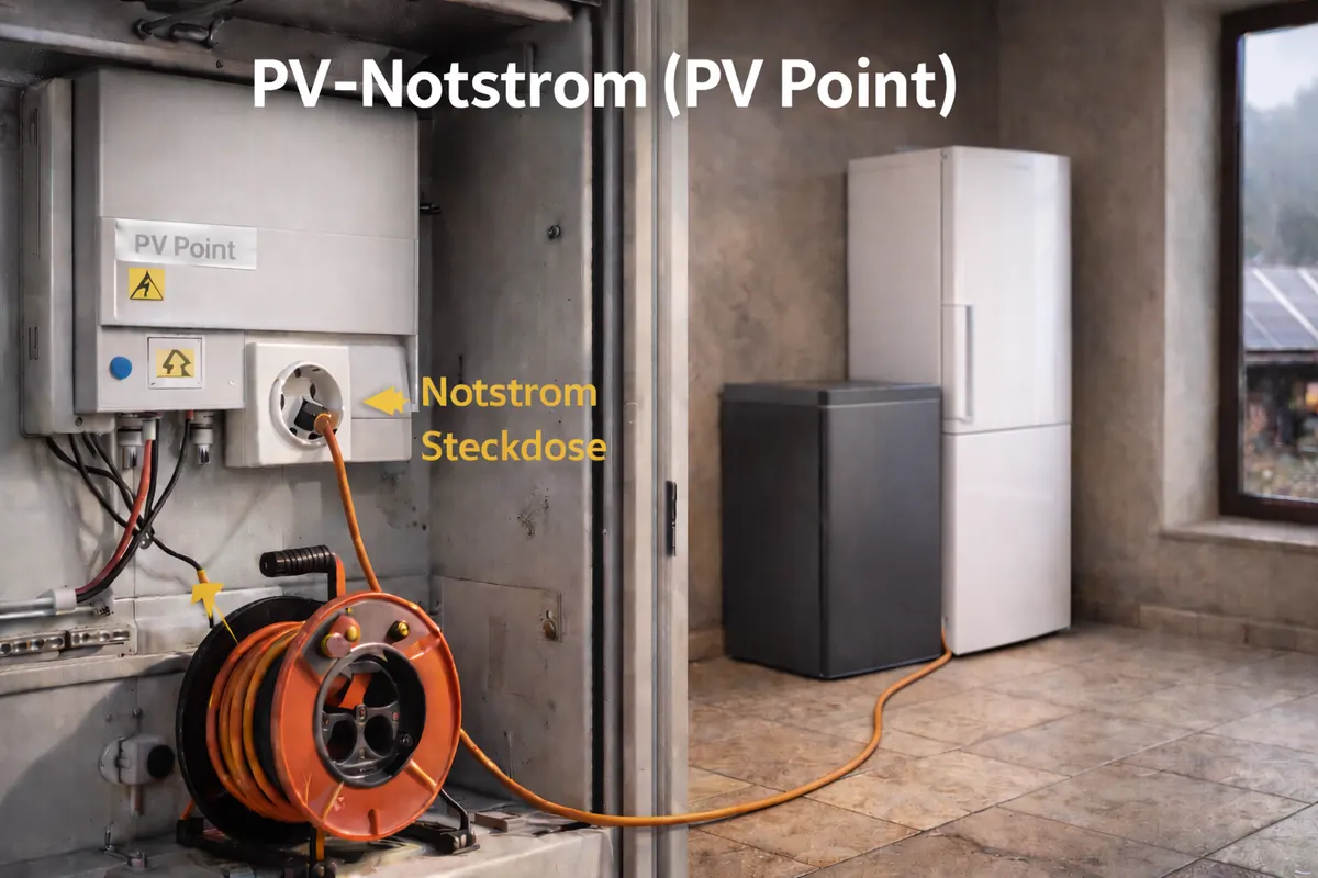PV Notstrom Steckdose(PV-Point) mit eingesteckter Kabeltrommel, die zwei Kühlschränke versorgt.