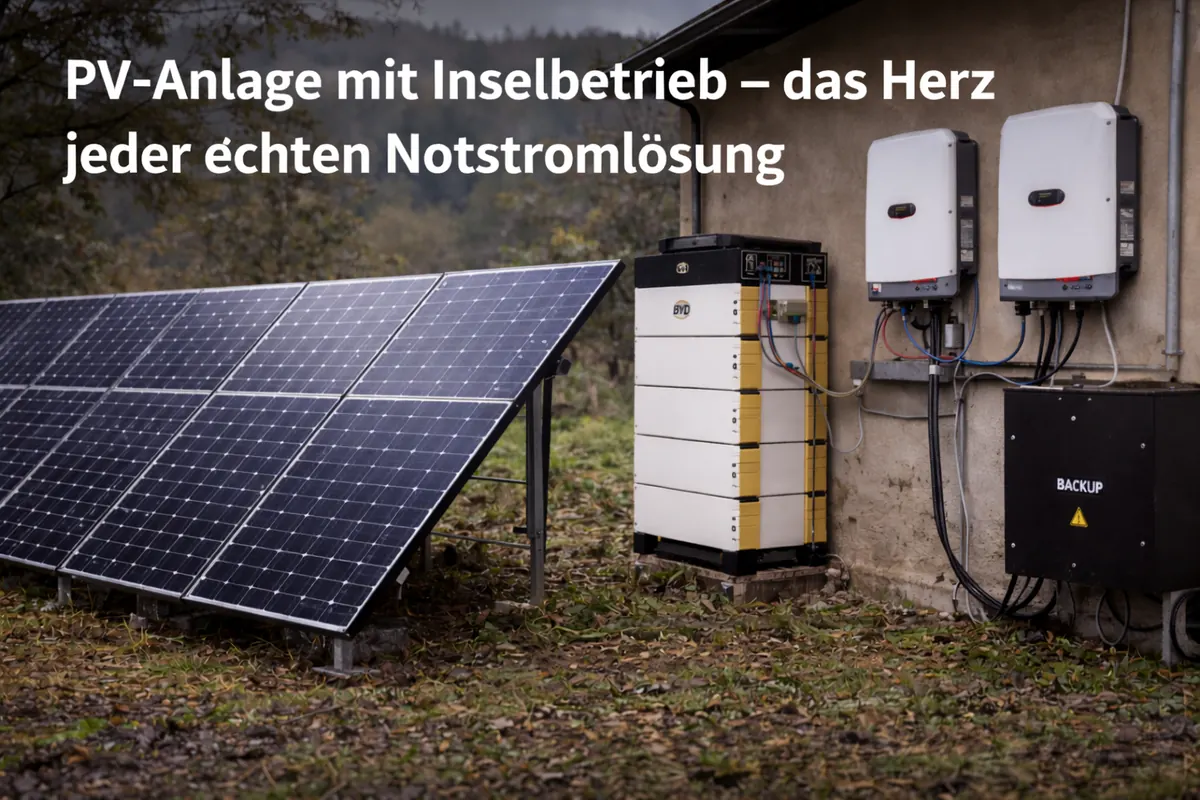 PV Module stehen neben großem Batteriespeicher und 2 Wechselrichter