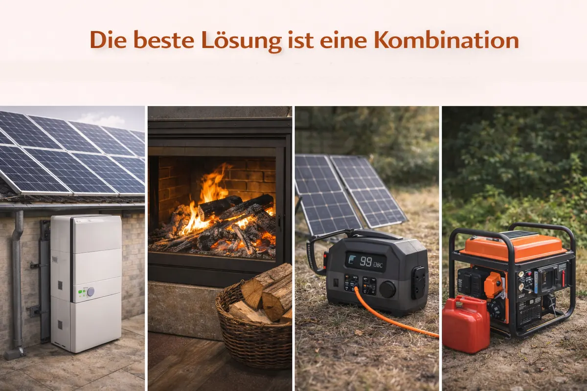 Ein Vergleich der 4 Maßnahmen: PV mit Speicher, Kamin, mobile Powerstation, Notstromaggregat