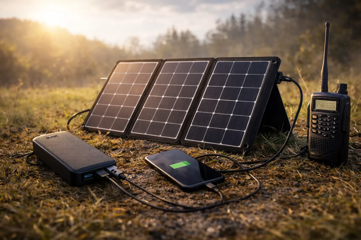 Powerbank mit Faltpanel lädt Smartphone und kleines Handfunkgerät