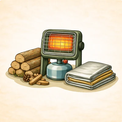 Grafik Gasheizer neben Holzstapel