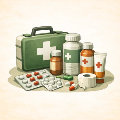 Grafik Erste Hilfe Koffer. Daneben Medizin und Bandagen