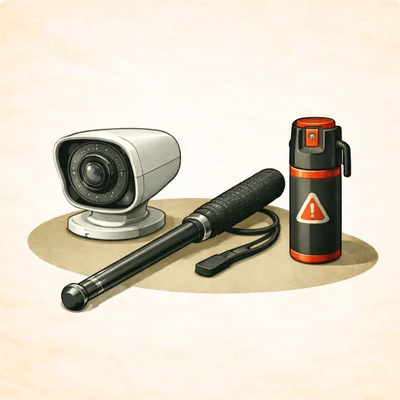 Grafik Sicherheitskamera, Schlagstock und Pfefferspray